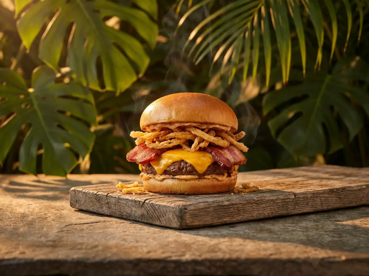 Hamburguesa alta con queso fundido y cebolla crujiente