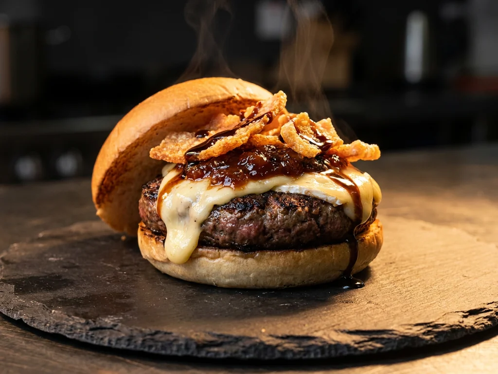 Hamburguesa la Griega: doble smash, Havarti, cheddar, feta y salsa tzatziki de yogur y pepino