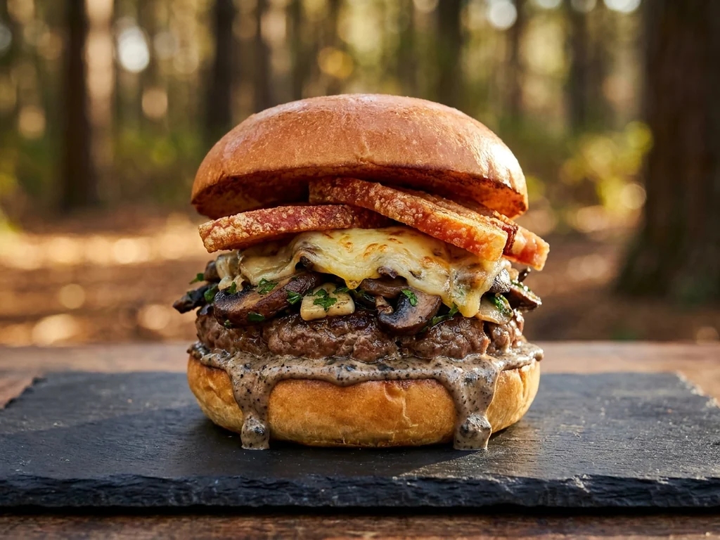 Hamburguesa la Trufada: doble smash, crujiente de oreja, Havarti, cheddar, bacon y salsa de queso y…